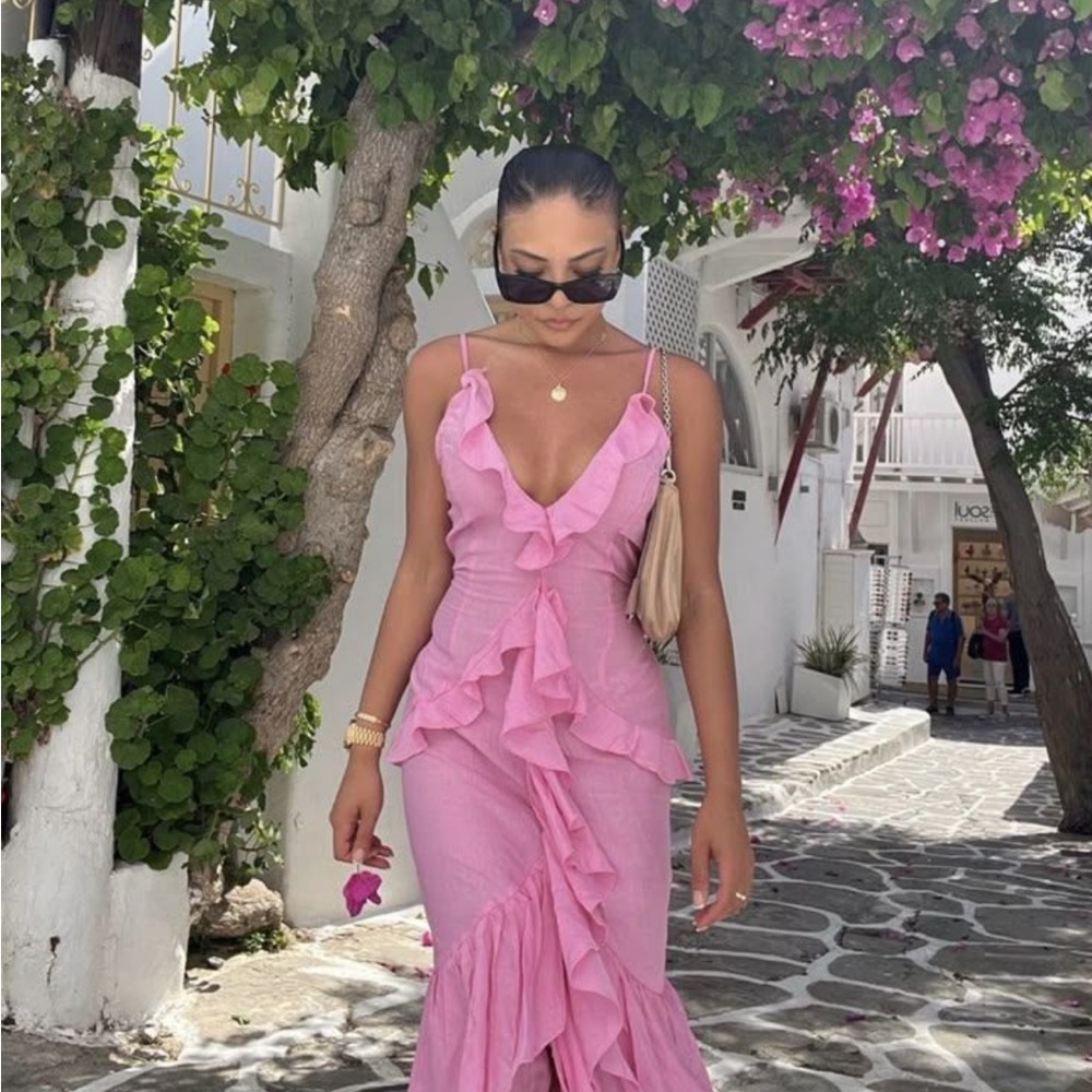 PrettyLittleThing Pink Ruffle Maxi Dress